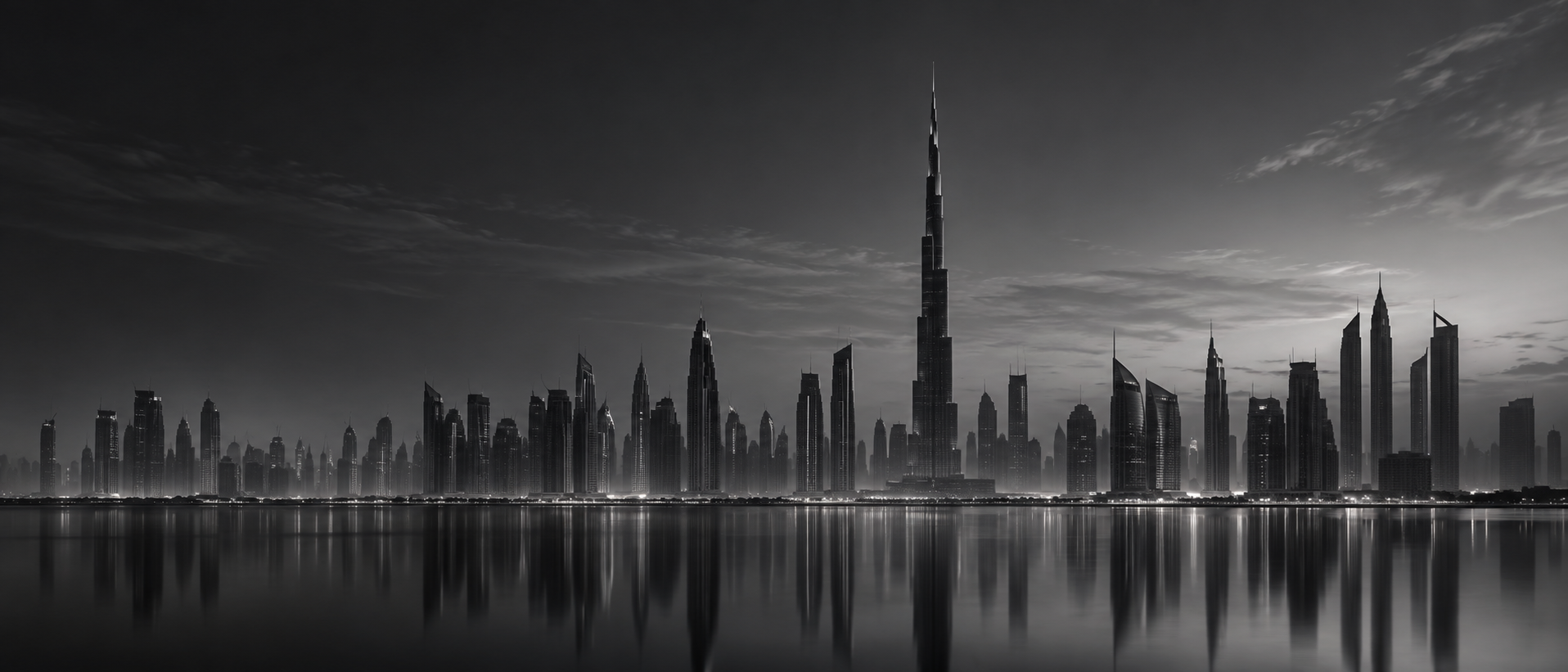 Dubai’s skyline reflected on water in monochrome